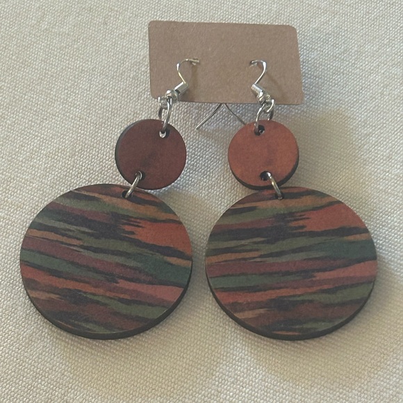 HUGE SALE! BOHO ART DECO COLORFUL STRIPED DOUBLE ROUND WOODEN DROP EARRINGS NEW - Picture 4 of 6
